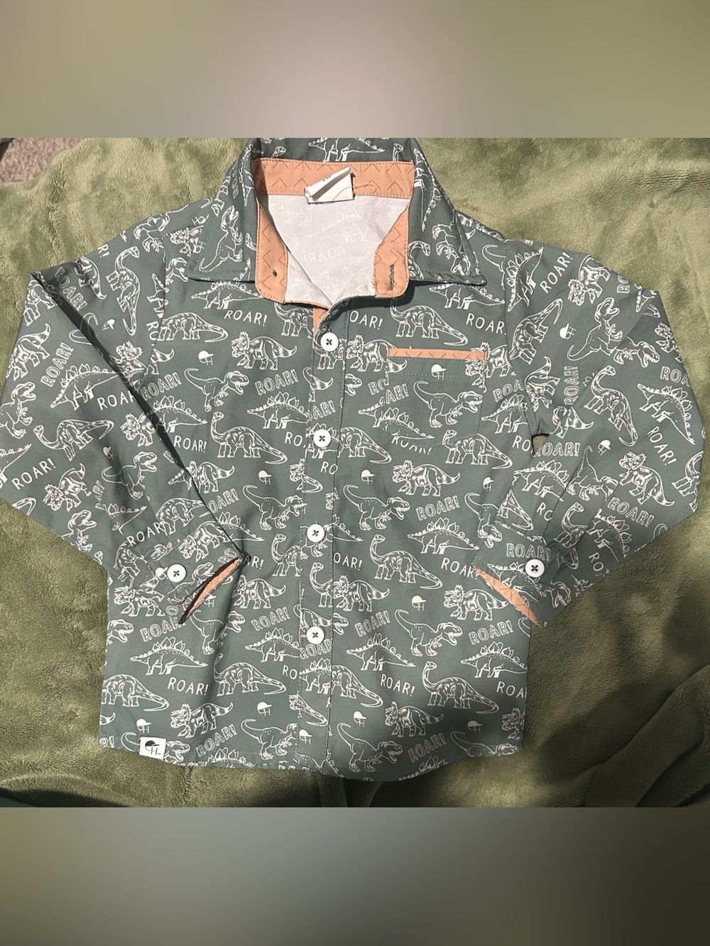 George Hats Dino Print Button Up Shirt with Contrast Tan Trim